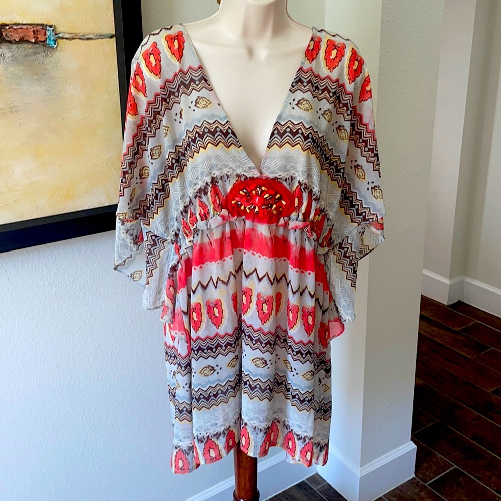 The Pyramid Collection tunic with beaded appliqué and elastic waist! Sz XL FUN!
